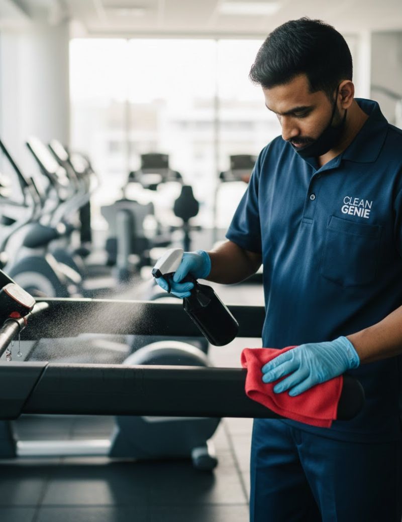 Daily gym equipment cleaning Melbourne - professional cleaner sanitising treadmill